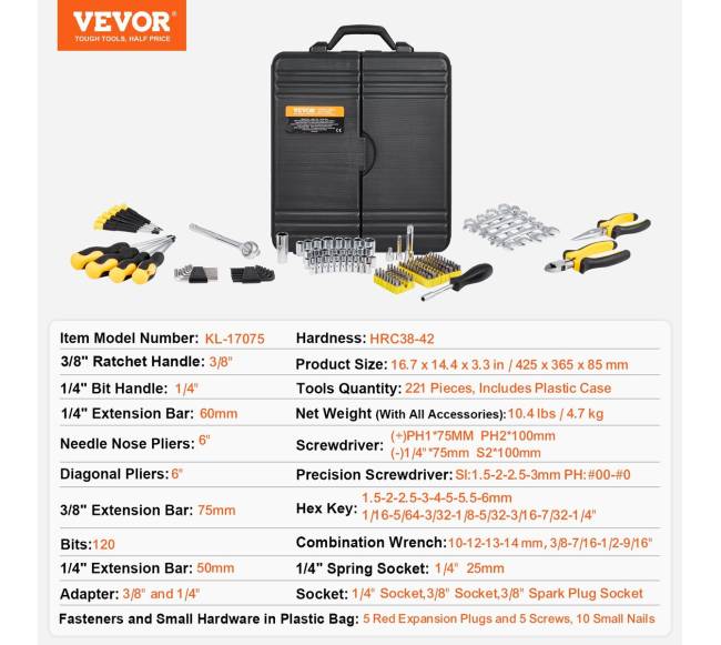 221 dalių mechanikų įrankių rinkinys6