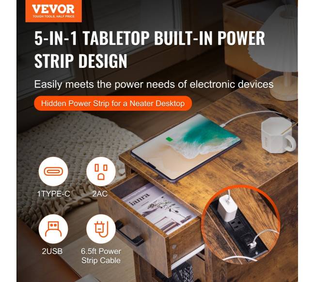 Kaimiško stiliaus staliukas su USB ir lizdais1