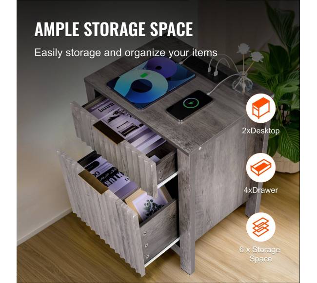 Pilkas kaimiško stiliaus staliukas su įkrovikliu3