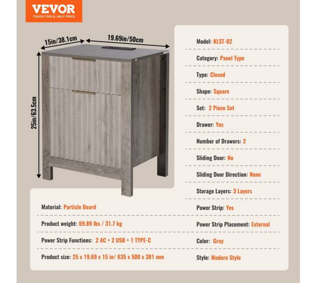 Pilkas kaimiško stiliaus staliukas su įkrovikliu6