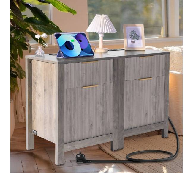 Pilkas kaimiško stiliaus staliukas su įkrovikliu7