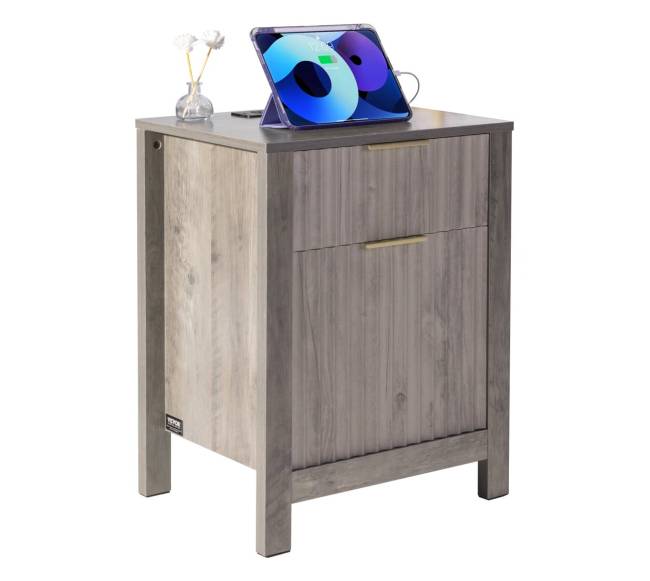 Pilkas kaimiško stiliaus staliukas su įkrovikliu8