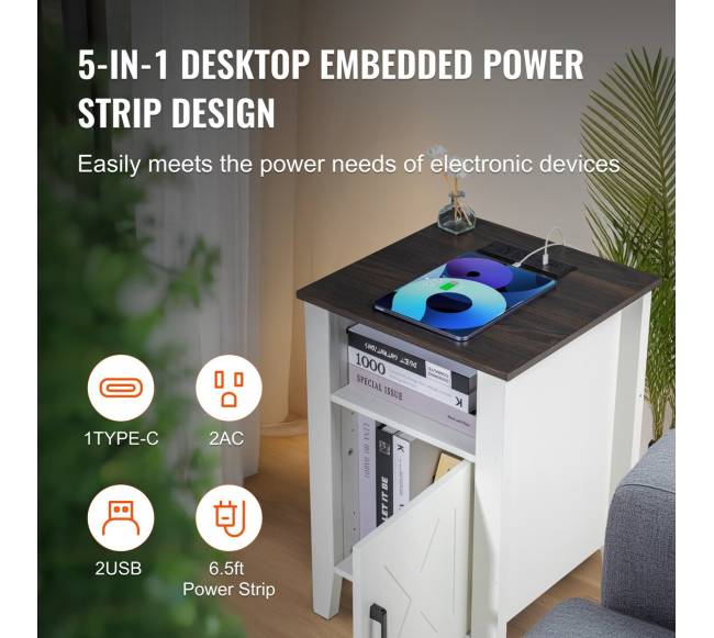 kaimiško stiliaus baltas naktinis staliukas su USB2