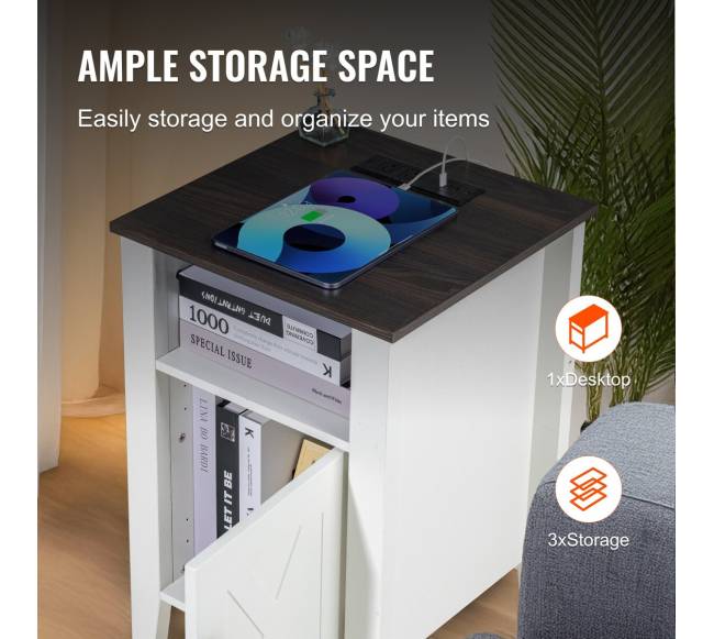 kaimiško stiliaus baltas naktinis staliukas su USB3