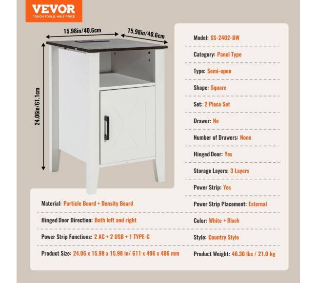 kaimiško stiliaus baltas naktinis staliukas su USB6
