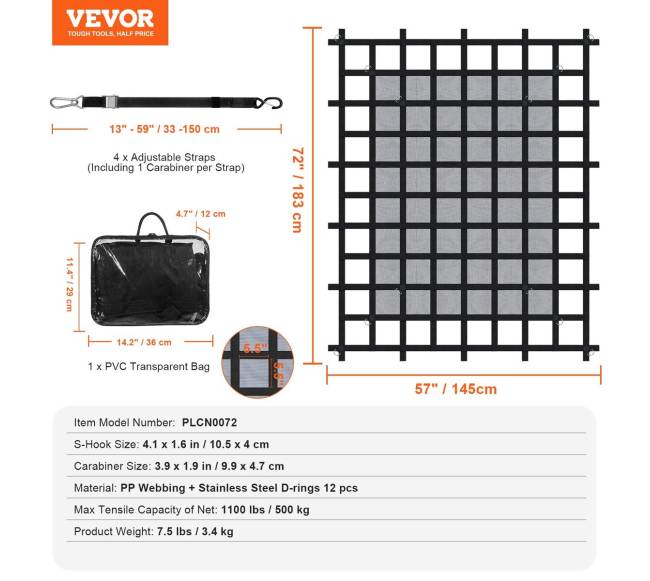 Krovinių tinklas 183 x 145 cm su reguliuojamais užsegimais6