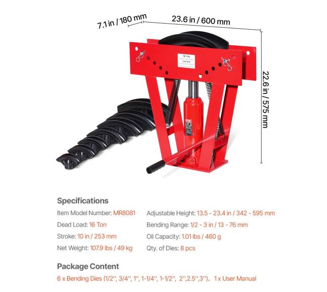 Hidraulinis vamzdžių lenkimo įrankis 16 t su 8 antgaliais6