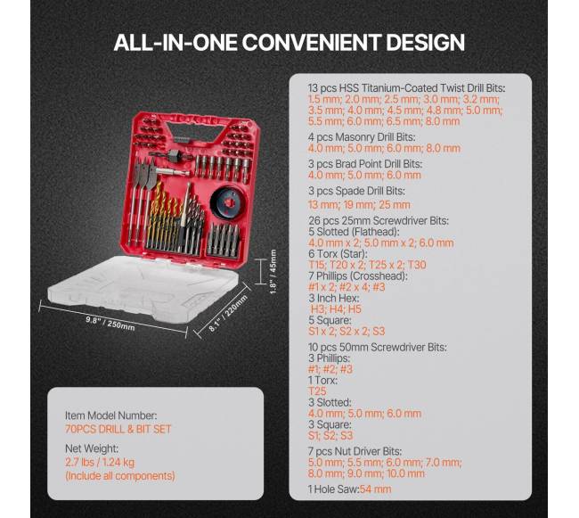 Grąžtų rinkinys 70 dalių su dėklu6