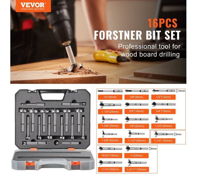 Forstner grąžtų rinkinys, 16 vnt., anglinis plienas1