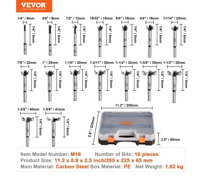 Forstner grąžtų rinkinys, 16 vnt., anglinis plienas6