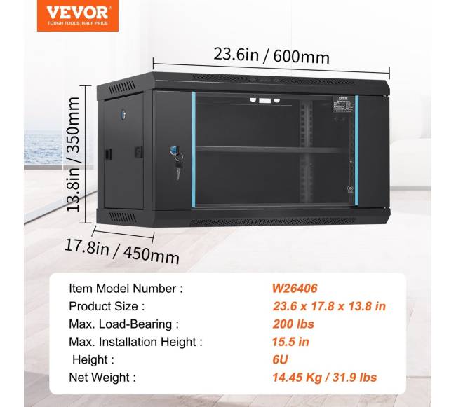 6U sieninė serverių spinta su užraktu6