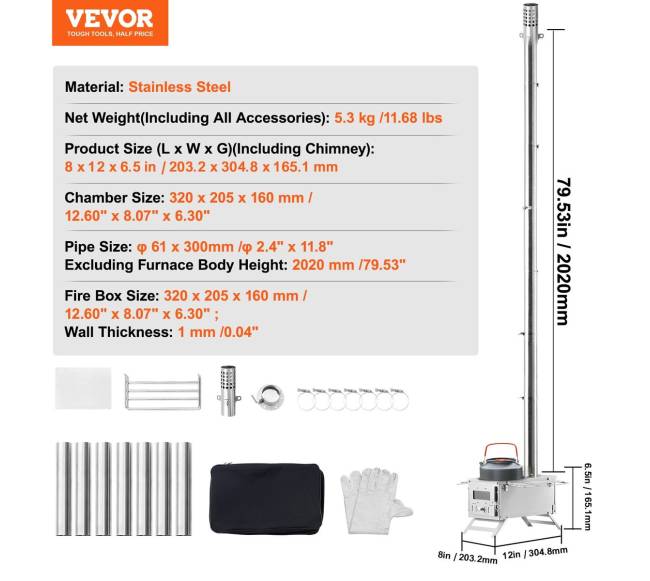 Nerūdijančio plieno kempingo krosnelė su vamzdžiais6