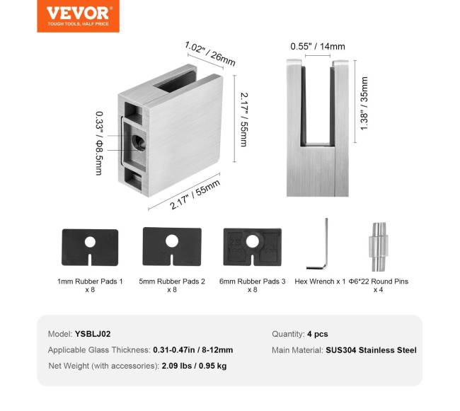 Stiklo laikikliai turėklams 4 vnt, 8-12 mm, sidabriniai6