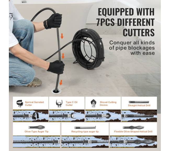 Drenažo valymo trosas 20m su 7 pjaustikliais3