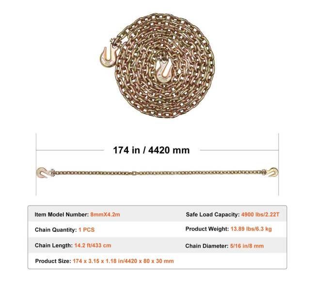 G80 vilkimo grandinė su dviem kabliais 8mm x 4.33m6