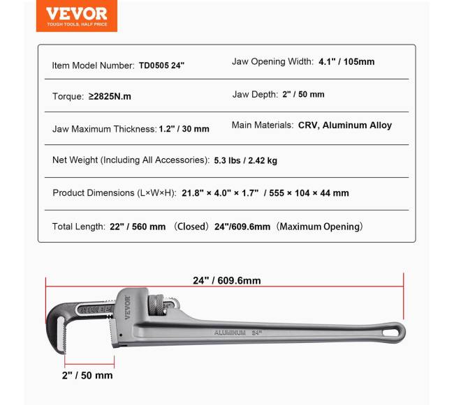 Aliumininis tiesus vamzdžio raktas 60 cm6
