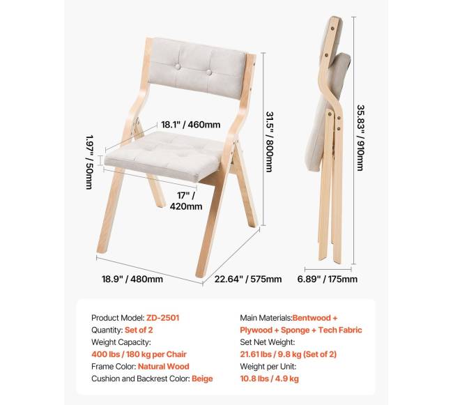 Medinės sulankstomos kėdės su paminkštinta sėdyne, 2 vnt.6