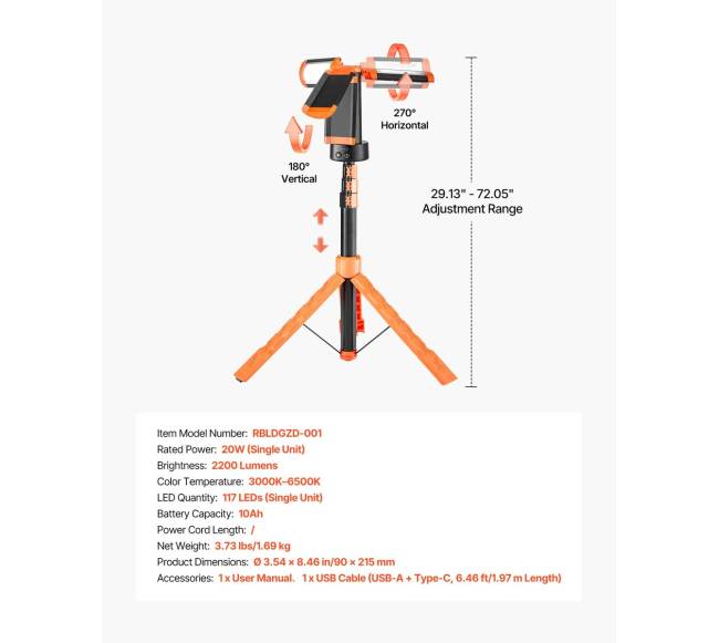 LED darbo šviestuvas su stovu ir pakraunama baterija6