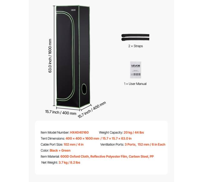 Vidaus auginimo palapinė, 40 x 40 x 160 cm6