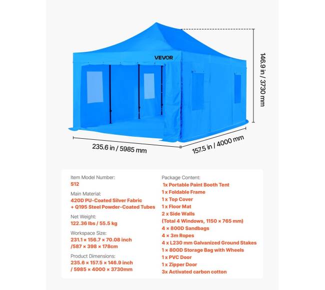 Nešiojamas purškimo palapinės tentas, 587 x 398 x 178 cm6