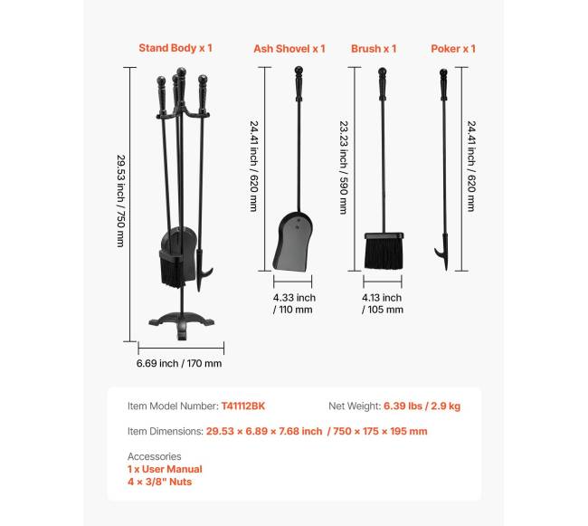 Židinio įrankių rinkinys, 4 dalių su stovu6