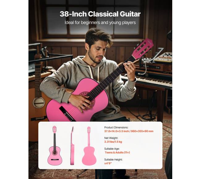 Klasikinė gitara pradedantiesiems, 960 mm, rožinė5