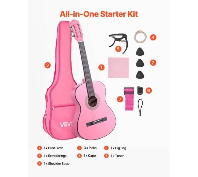 Klasikinė gitara pradedantiesiems, 960 mm, rožinė6