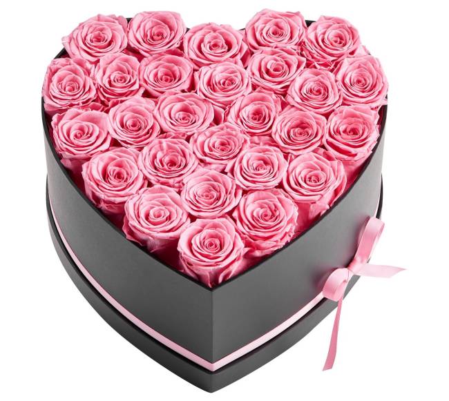 Amžinosios gėlės su 27 rožėmis širdies dėžutėje0