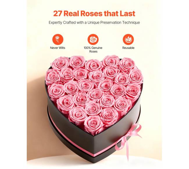 Amžinosios gėlės su 27 rožėmis širdies dėžutėje1