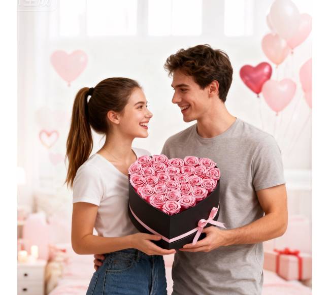 Amžinosios gėlės su 27 rožėmis širdies dėžutėje7