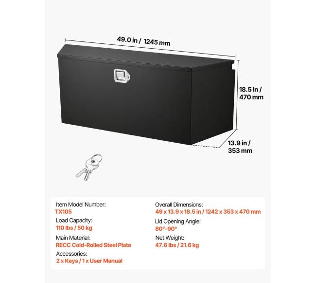 Priekabos dėžė įrankiams, plieninė, 1245 x 353 x 470 mm6