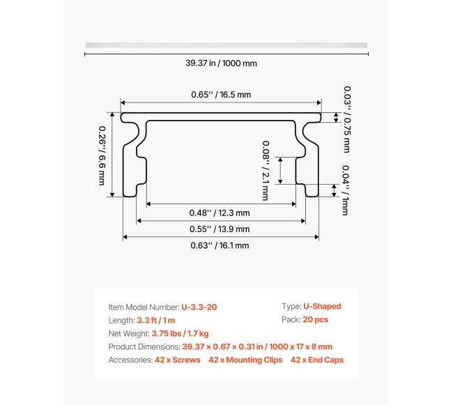 20 dalių 1 m U formos LED aliuminio profilis6