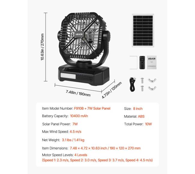 10400mAh saulės ventiliatorius su LED žibintu6