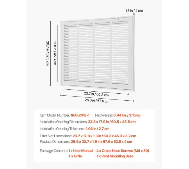 Oro filtro grotelės ventiliacijai 60 x 45 cm6