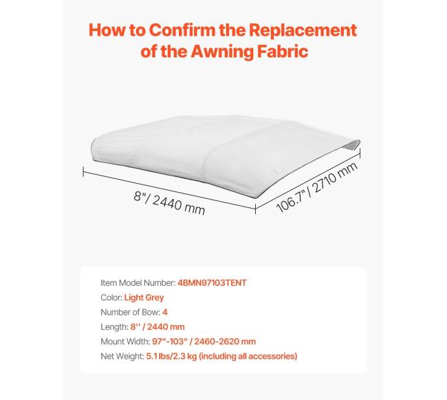 Valčių biminų uždangalas 96"L x (97"-103")W šviesiai pilkas6