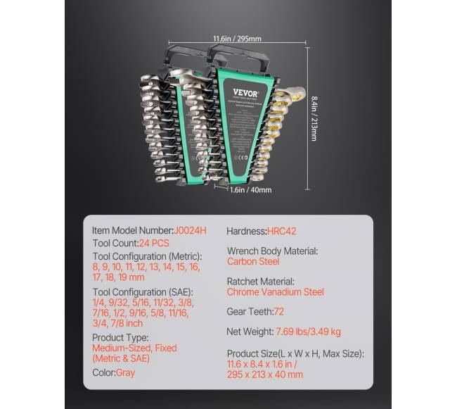 Kombinuotų Raktų Rinkinys 24 vnt. SAE ir Metrinis6