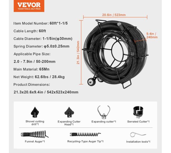 Drenažo valymo kabelis su 6 pjaustytuvais6