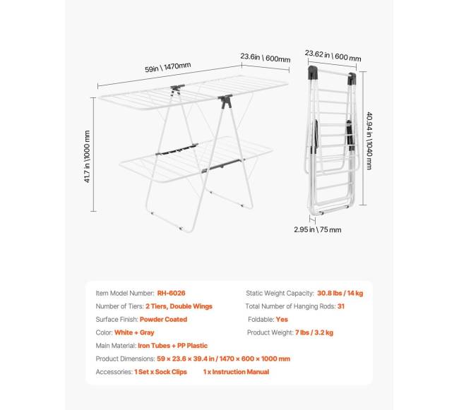 Dviaukštis sulankstomas drabužių džiovintuvas su kojinėmis6