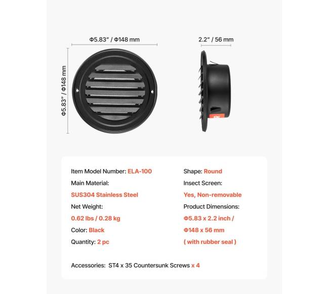 97 mm apvalus ventiliatorius, nerūdijantis plienas, juodas6