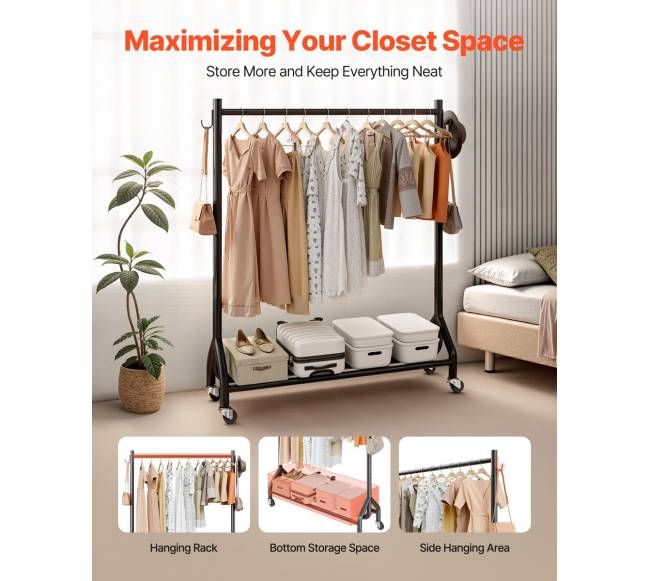 Drabužių kabykla su ratukais ir šoninėmis kabliukais1