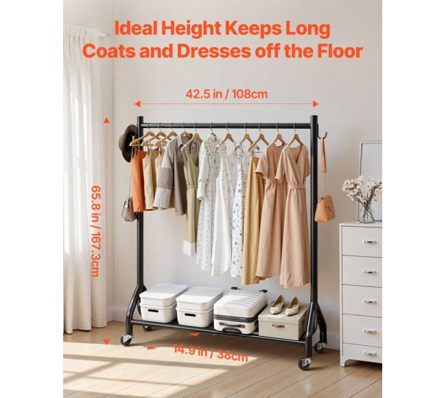 Drabužių kabykla su ratukais ir šoninėmis kabliukais2