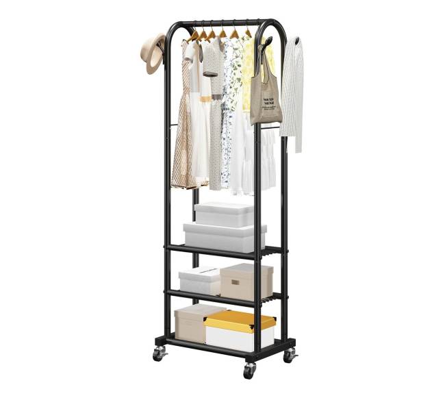 Drabužių kabyklė su ratukais ir lentynomis0