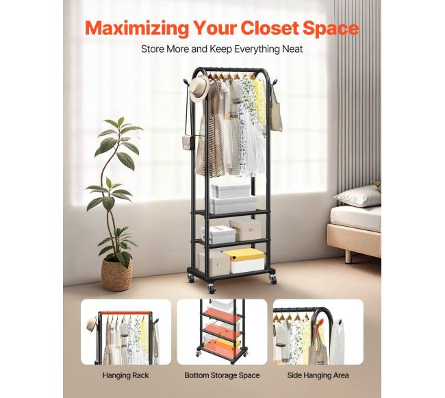 Drabužių kabyklė su ratukais ir lentynomis1