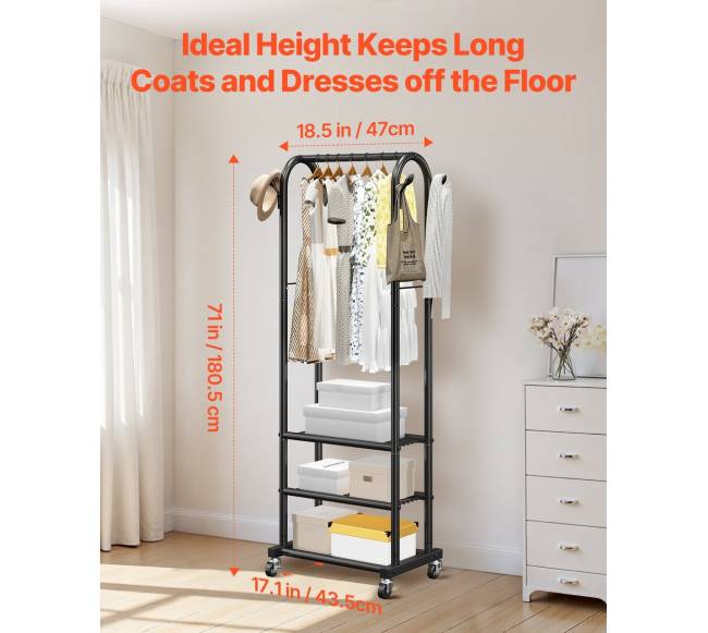 Drabužių kabyklė su ratukais ir lentynomis2