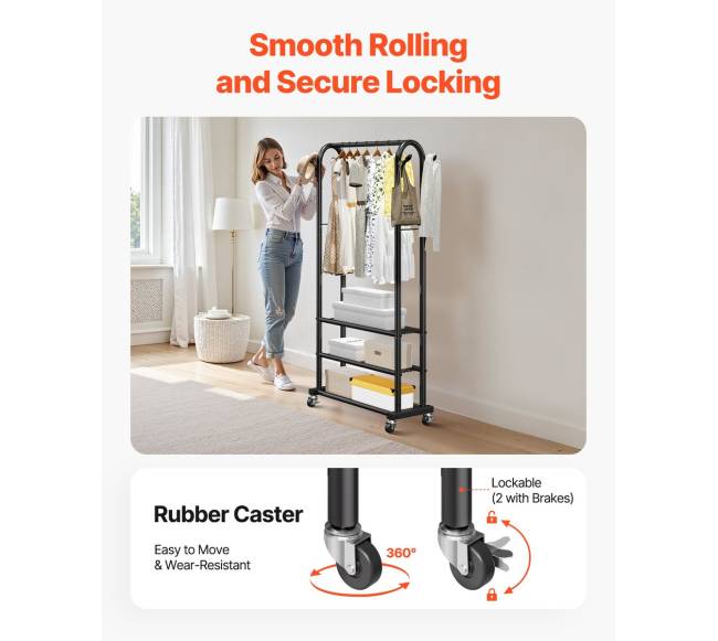 Drabužių kabyklė su ratukais ir lentynomis4