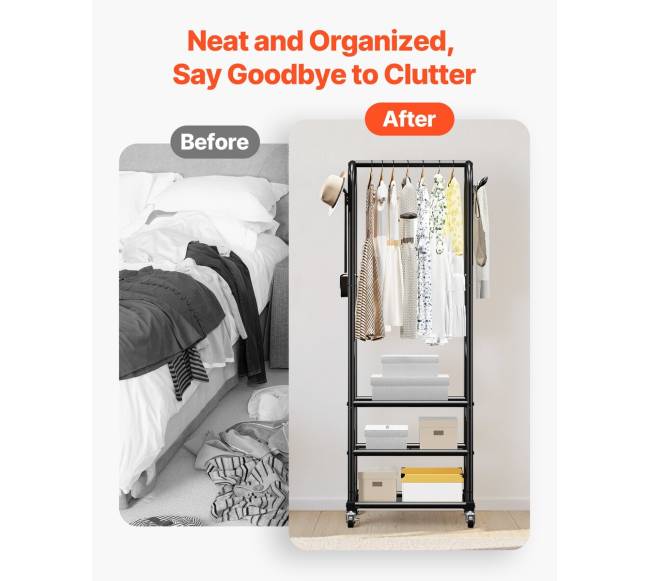 Drabužių kabyklė su ratukais ir lentynomis6