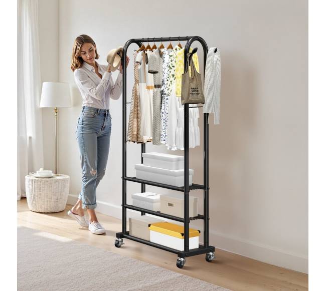 Drabužių kabyklė su ratukais ir lentynomis7