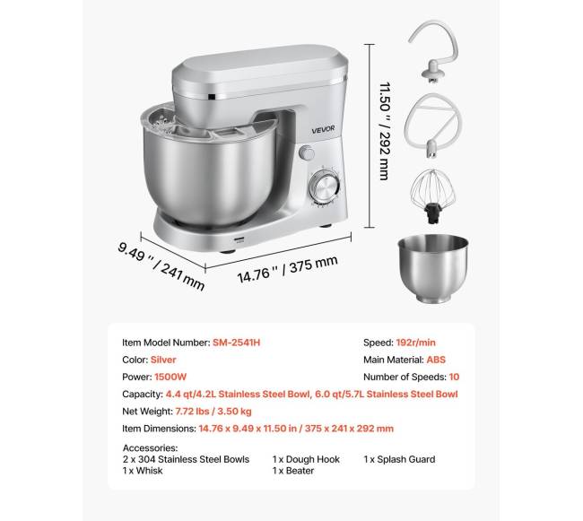Virtuvinis mikseris, 4.2 L+5.7 L, 1500W6