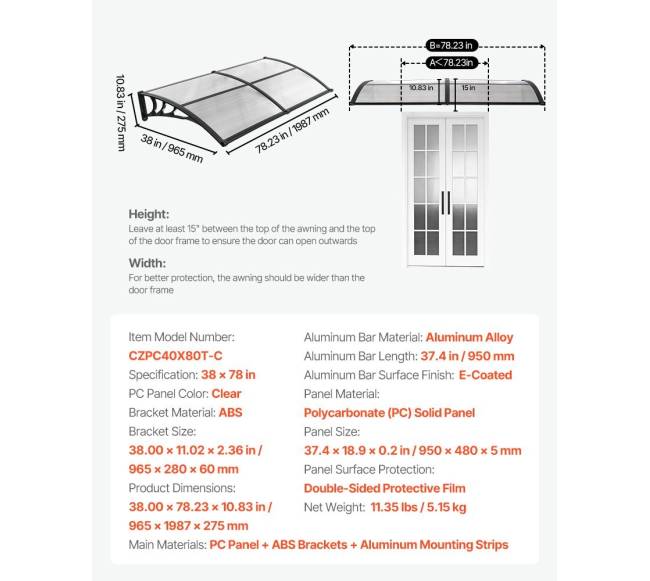 Durų įėjimo stogeliai, 97 x 198 cm6