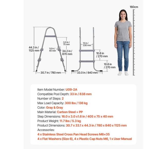 Antžeminės baseino kopėčios, plieninis dviejų pakopų6